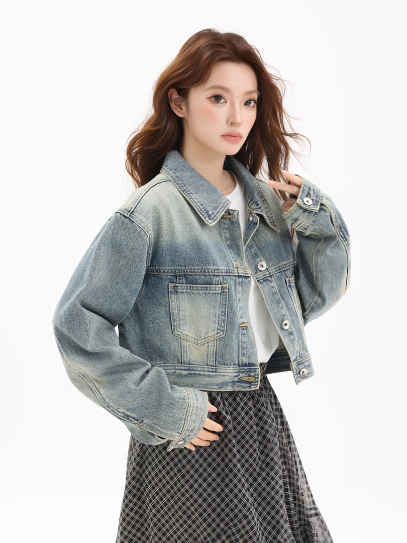 Vintage Washed Cropped Denim Jacket
