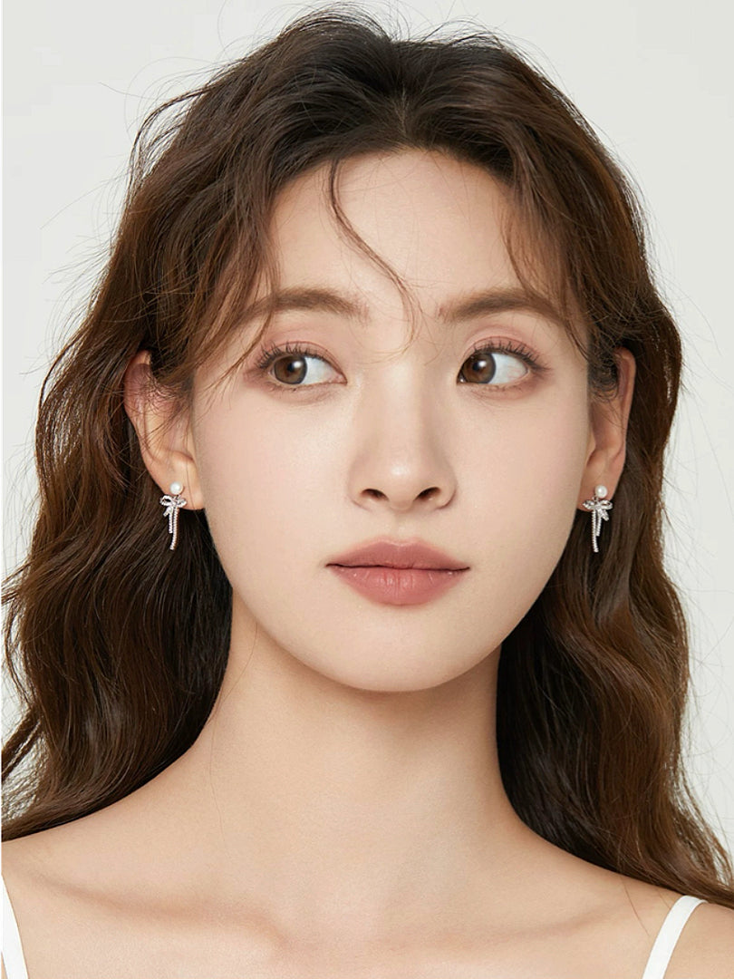 Silver Bowknot Pearl Earrings