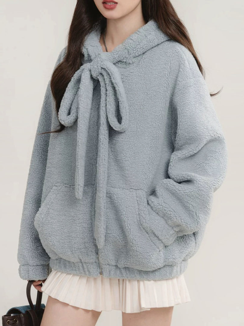 Drawstring Hooded Plush Wool Coat