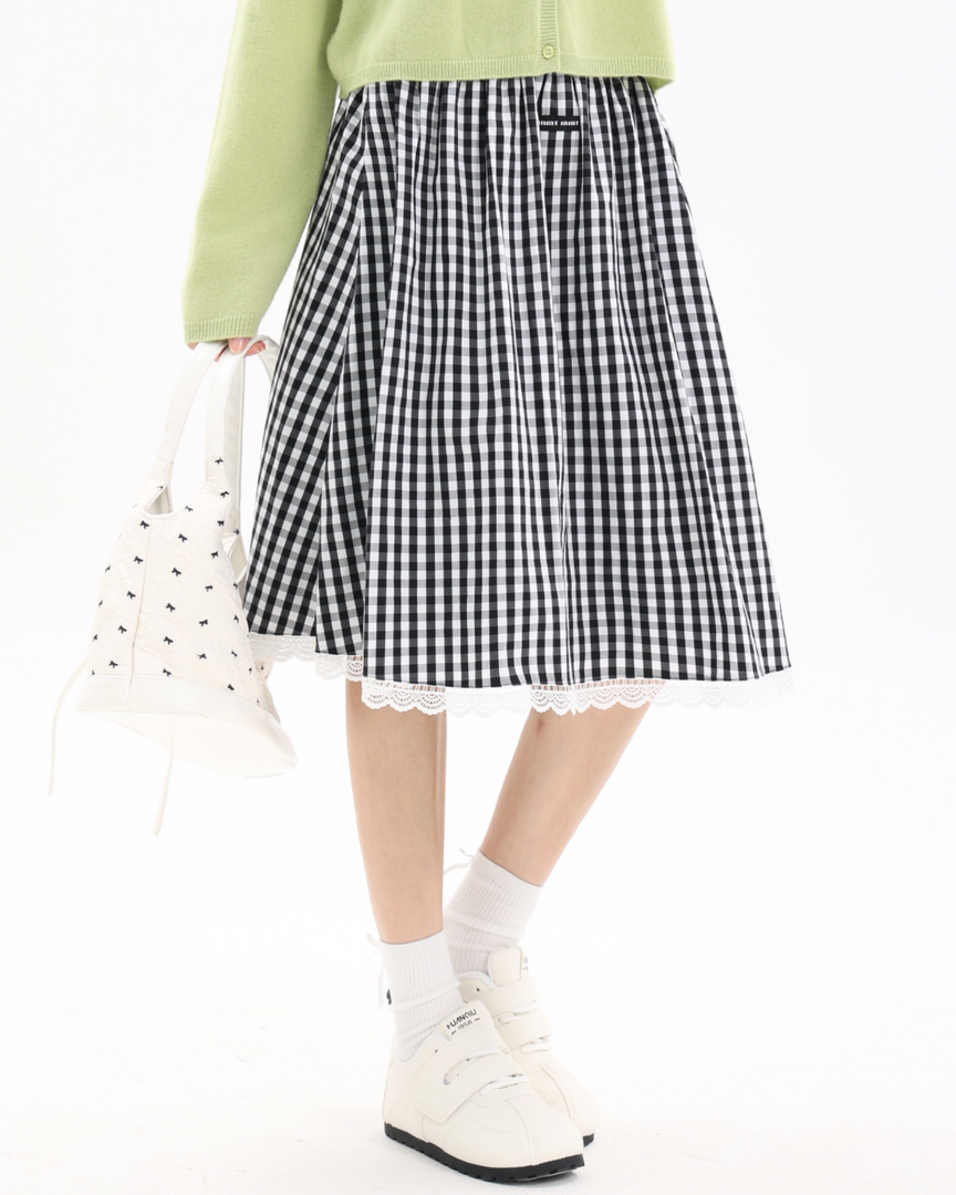 Lace-Trim Pleated A-Line Skirt