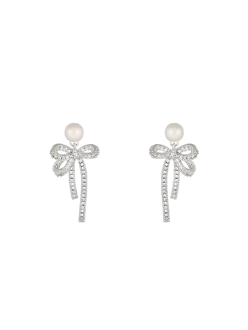 Silver Bowknot Pearl Earrings