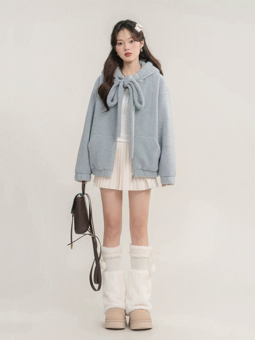Drawstring Hooded Plush Wool Coat