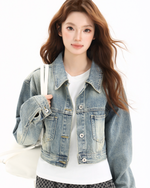 Load image into Gallery viewer, Vintage Washed Cropped Denim Jacket
