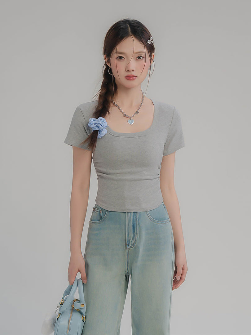 Square Neck Ruched Short Sleeve T-Shirt