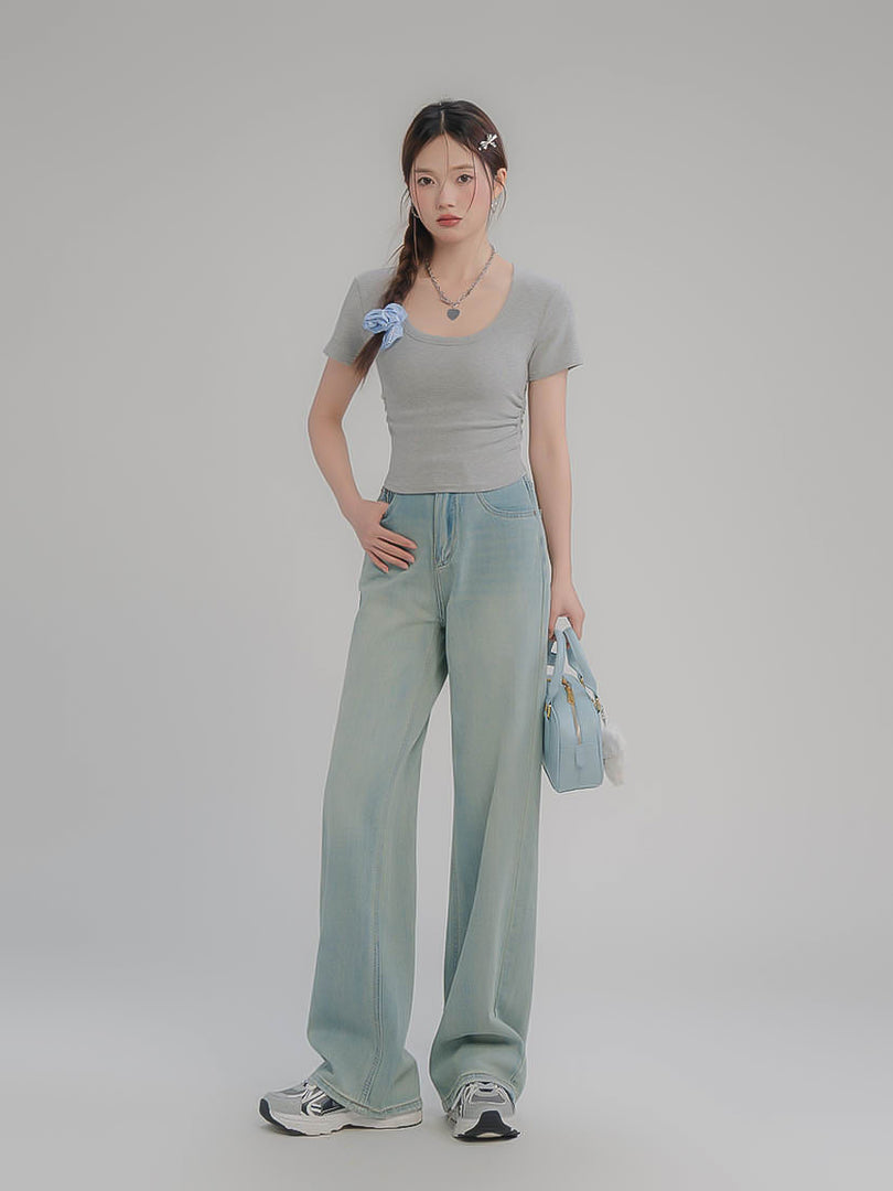 Square Neck Ruched Short Sleeve T-Shirt