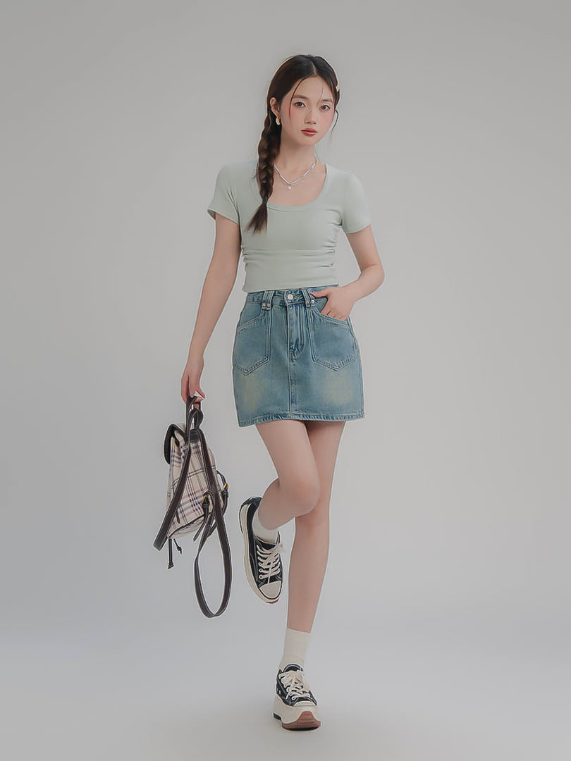 Square Neck Ruched Short Sleeve T-Shirt