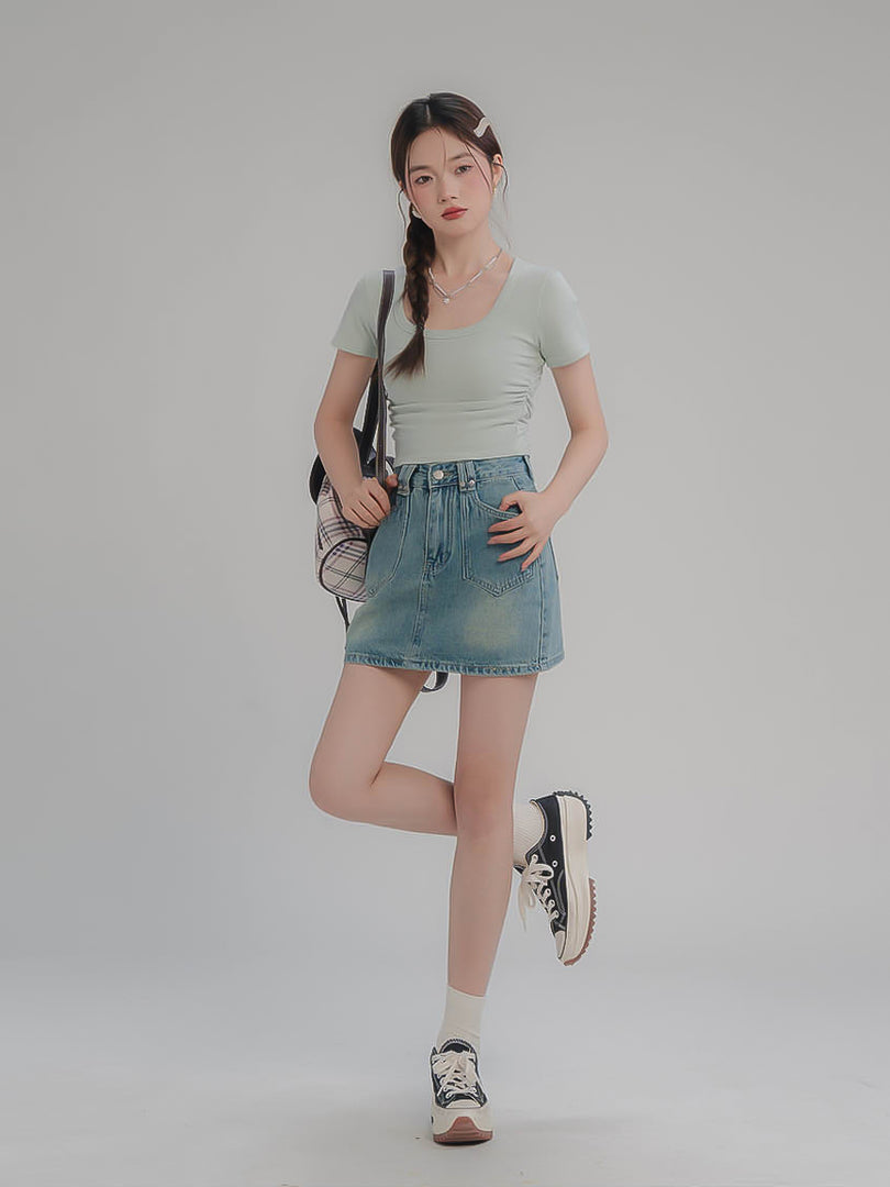 Square Neck Ruched Short Sleeve T-Shirt