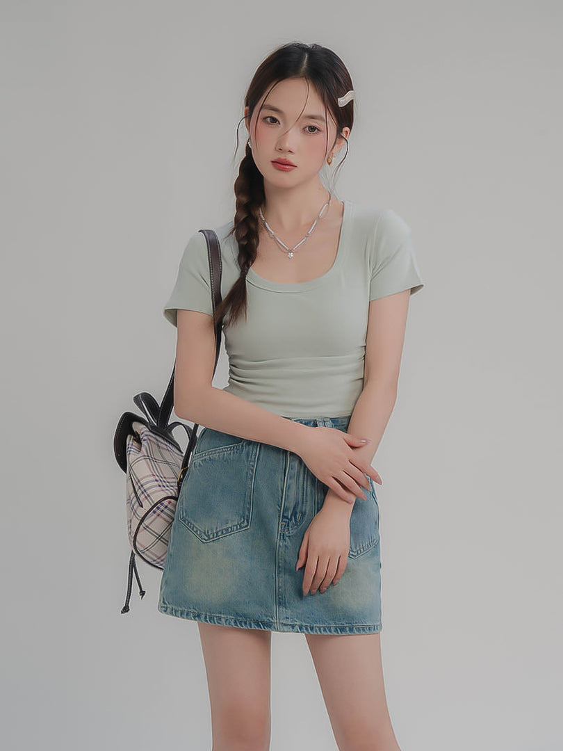 Square Neck Ruched Short Sleeve T-Shirt