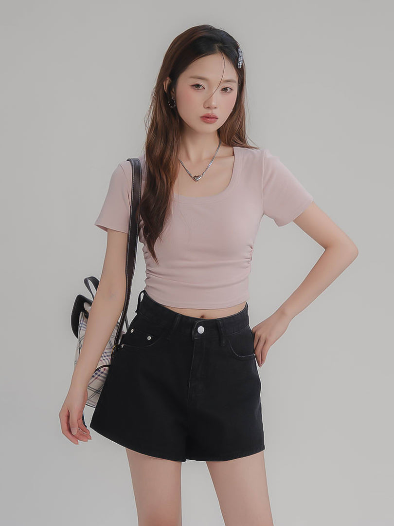 Square Neck Ruched Short Sleeve T-Shirt