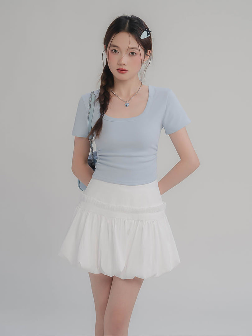 Square Neck Ruched Short Sleeve T-Shirt